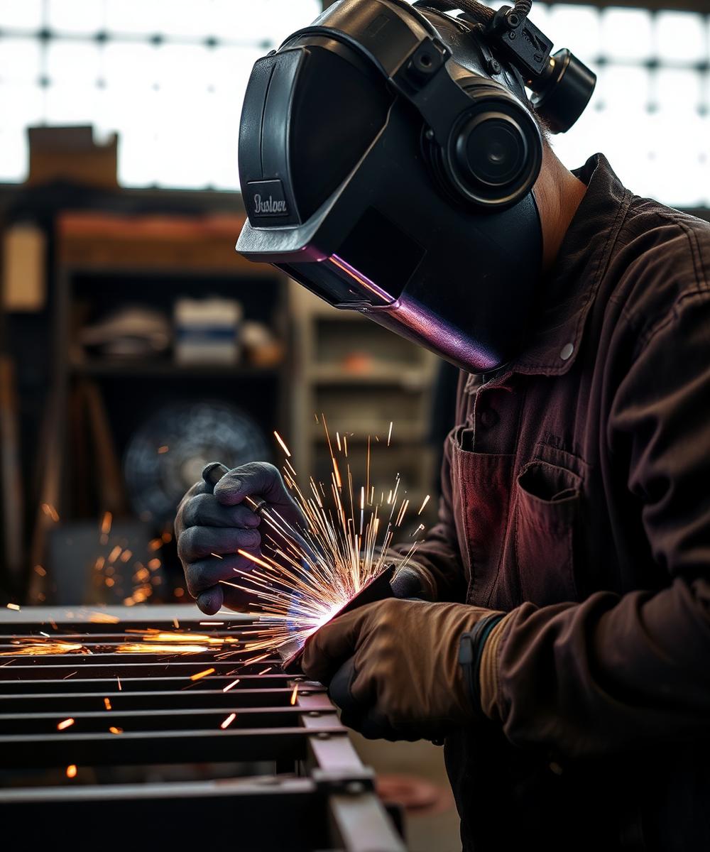 Metal fabricator welding in workshop