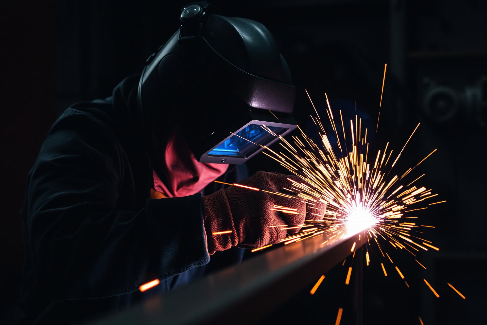 Welder crafting a steel railing with sparks flying
